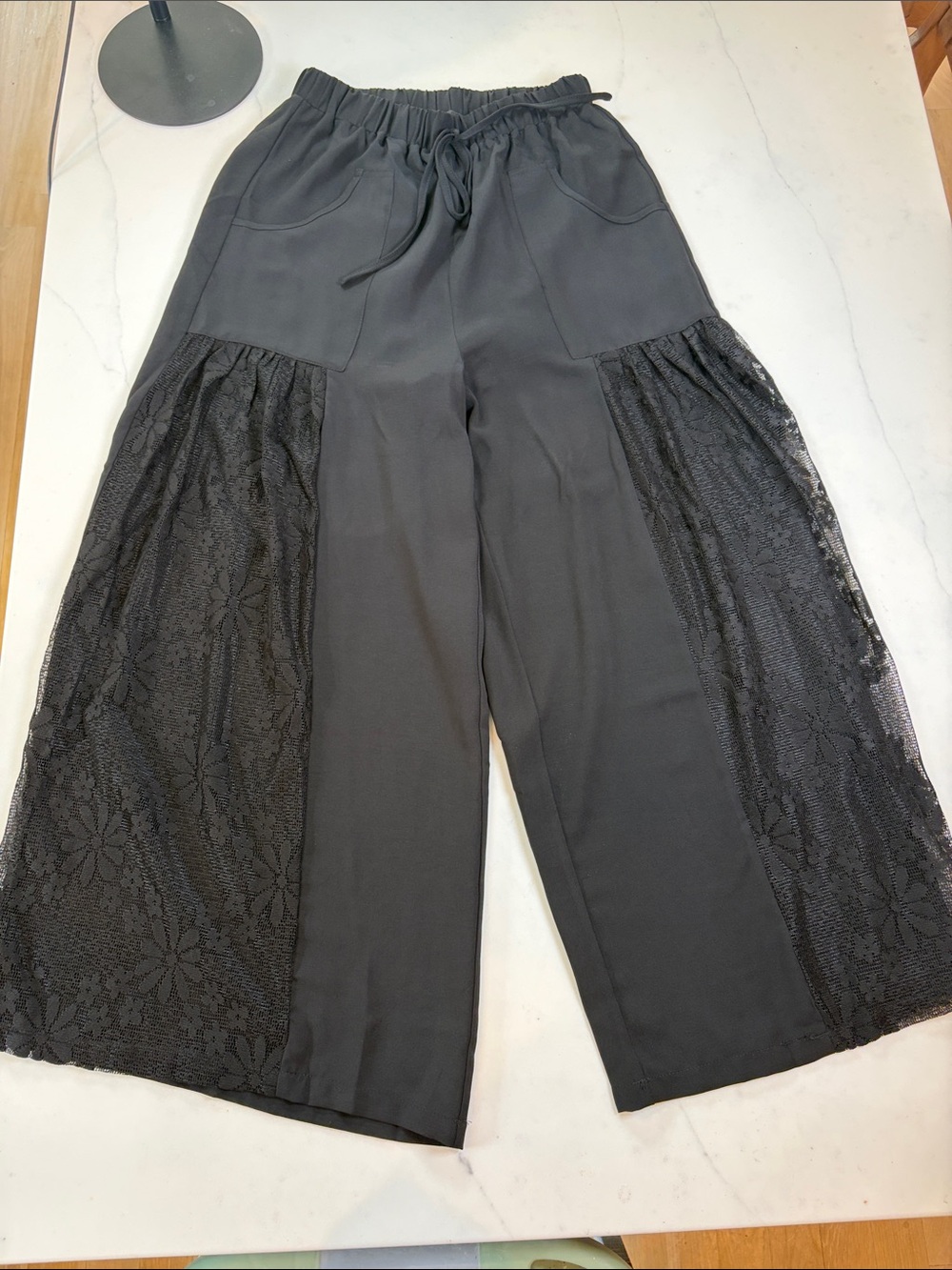 Black Lace-Panel Wide Leg Pants